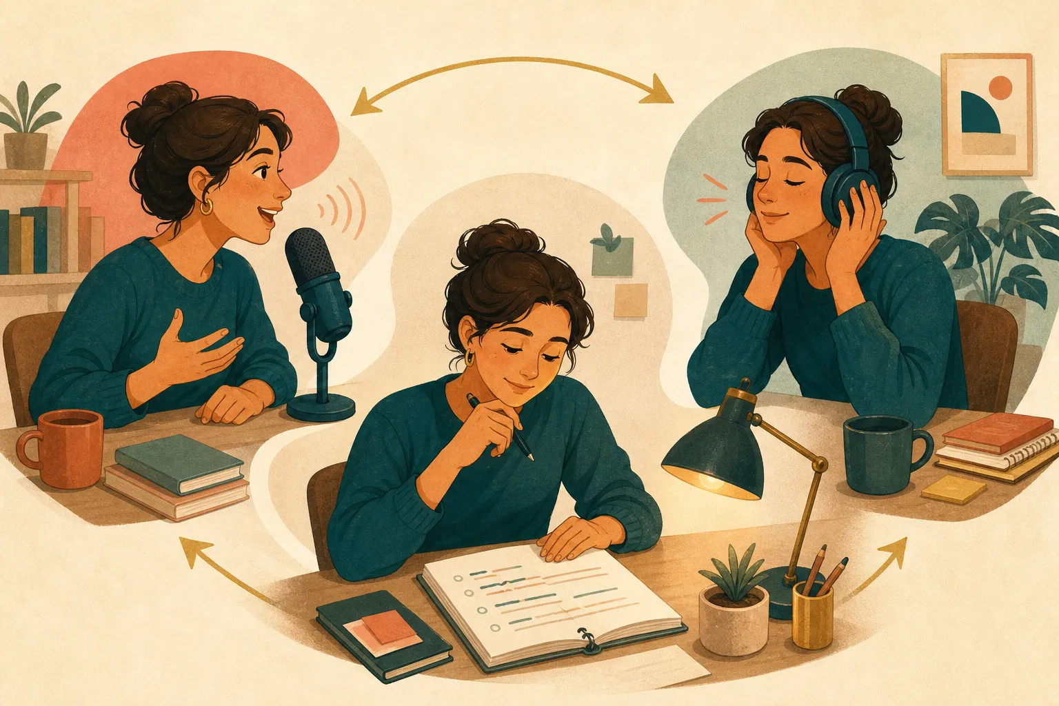 A fictional learner speaking, reviewing a recast, and listening with headphones